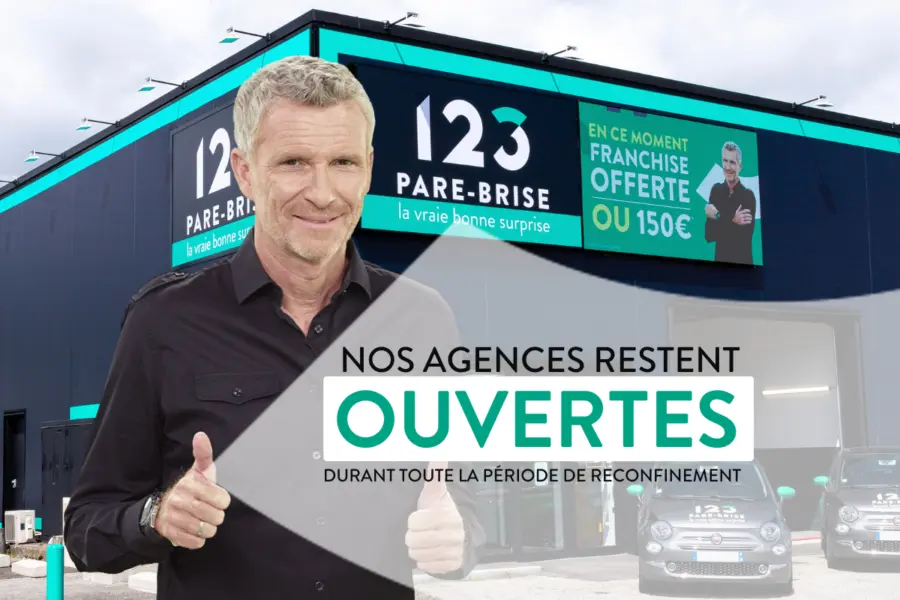 Visuel 123 Pare-Brise montrant une agence ouverte pendant le reconfinement avec Denis Brogniart.